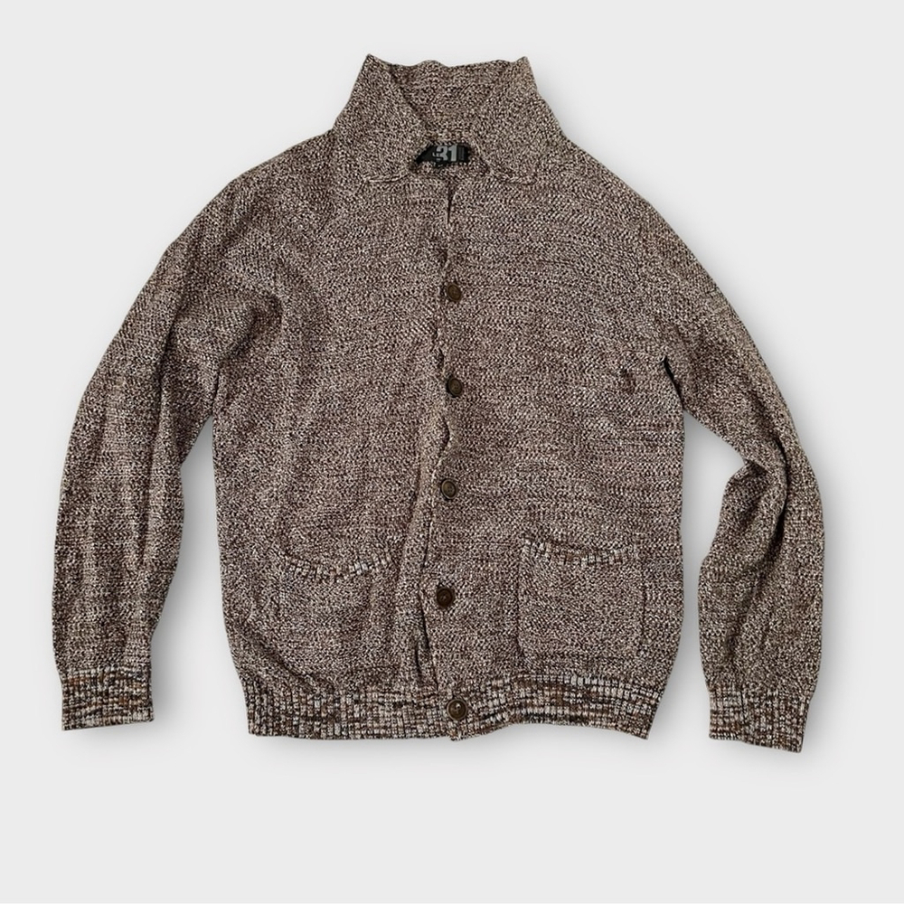 Openwork-knit shirt-collar cardigan Sz M